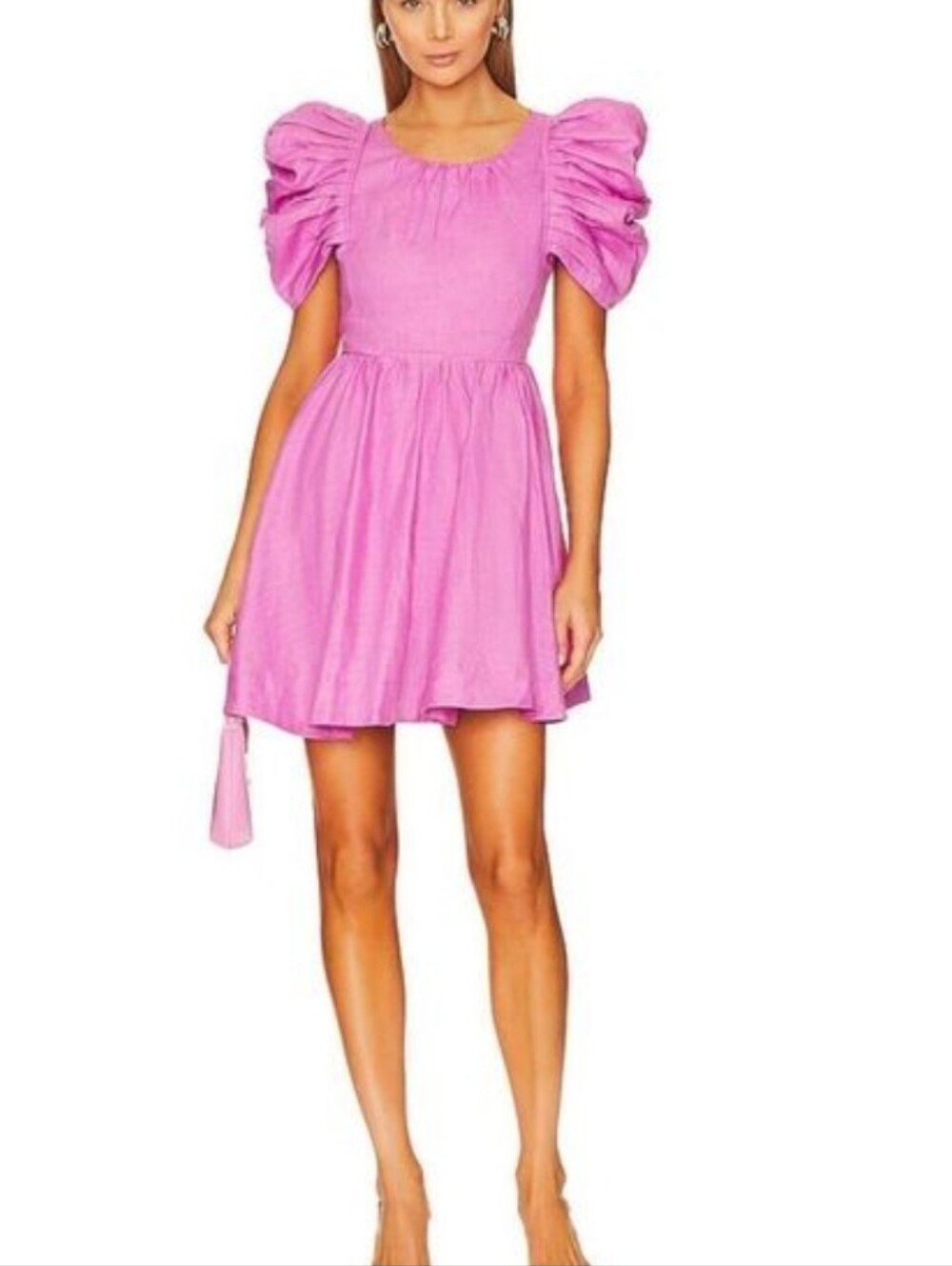 AURETA vibrant pink linen-blend puff-sleeve mini dress XS NWOT